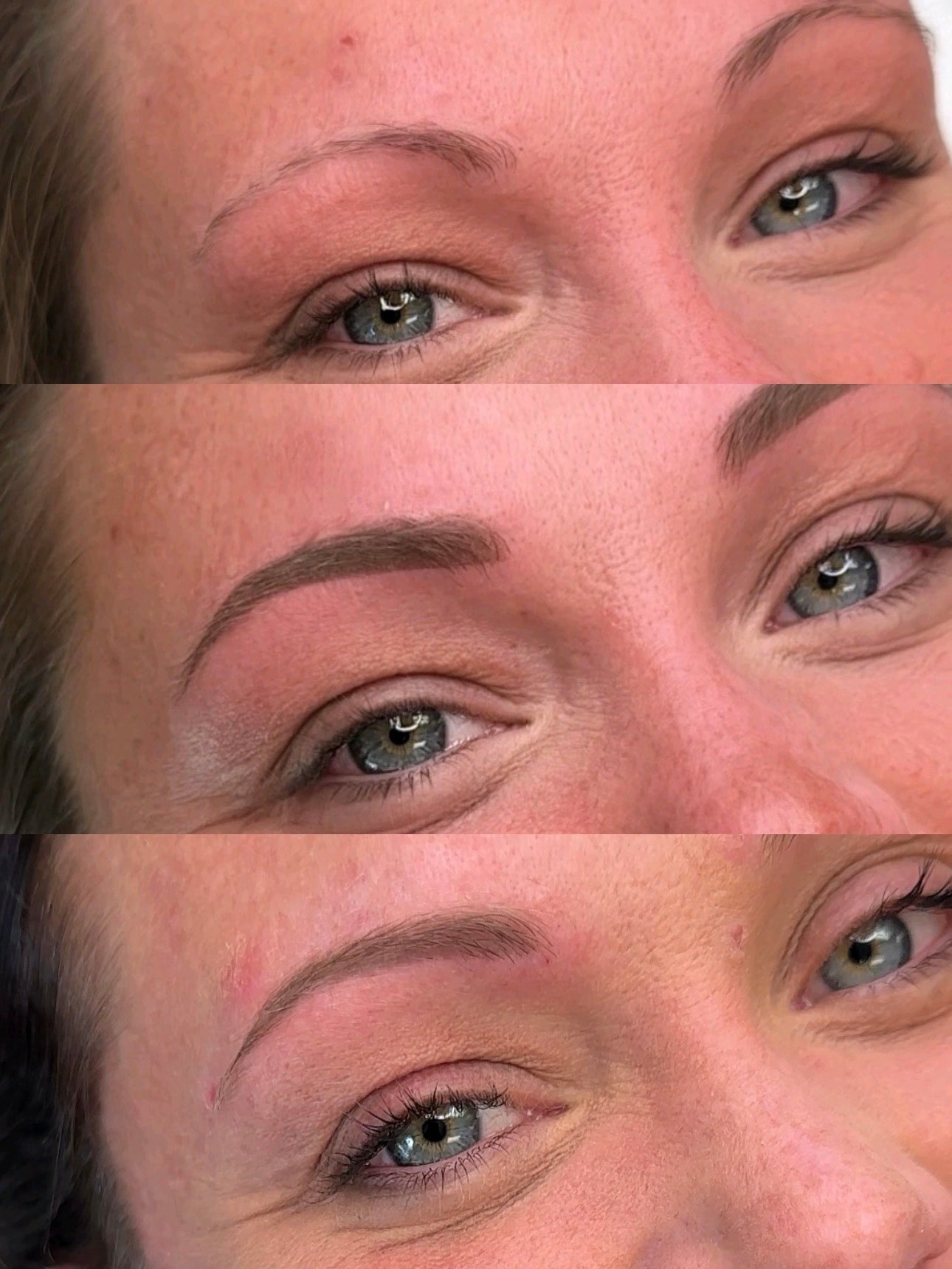 Powder brows before, immediately after, and healed — Brows By Bree